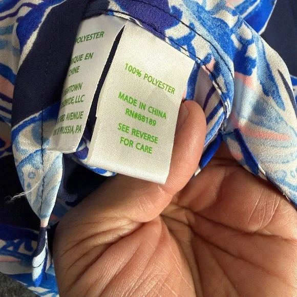 Lilly Pulitzer Elsa Top Blue Scale Up Koi Fish Shell Print Roll Tab Blouse L - Picture 5 of 9